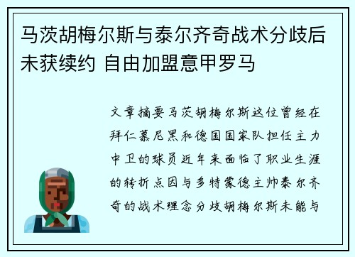 马茨胡梅尔斯与泰尔齐奇战术分歧后未获续约 自由加盟意甲罗马