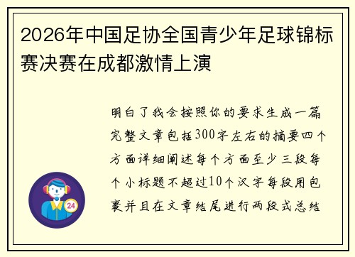 2026年中国足协全国青少年足球锦标赛决赛在成都激情上演