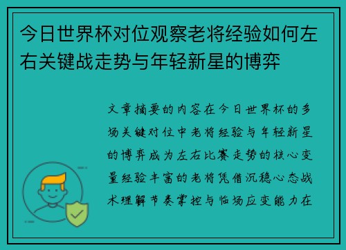 今日世界杯对位观察老将经验如何左右关键战走势与年轻新星的博弈