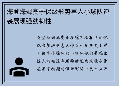 海登海姆赛季保级形势喜人小球队逆袭展现强劲韧性